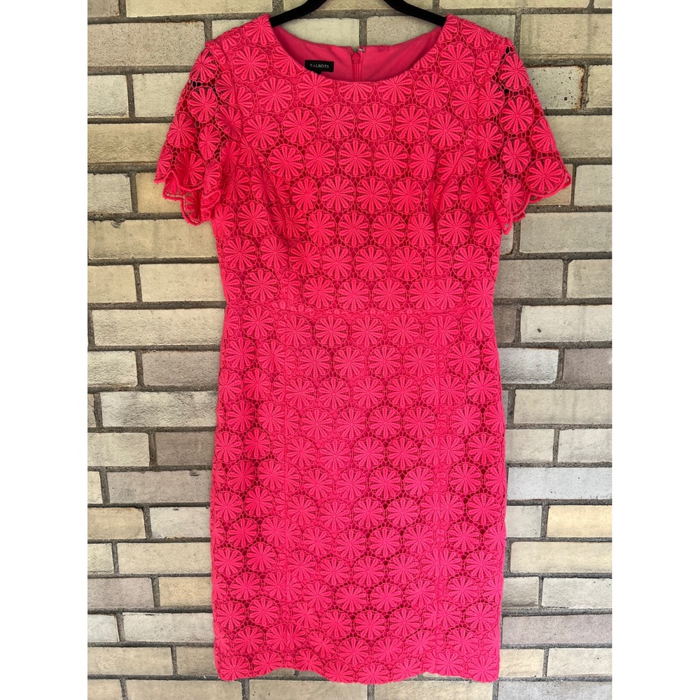 Talbots Floral Lace Sheath Dress Short Sleeve Bright Pink Size 4 Small